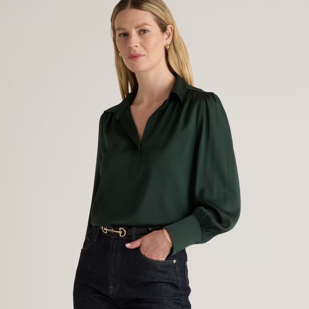 Washable Stretch Silk Split Neck Blouse - image 1